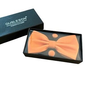 GUSLESON Mens Orange Pre-tied Bow Tie, Pocket Square, &!Cufflink Set with Gift B